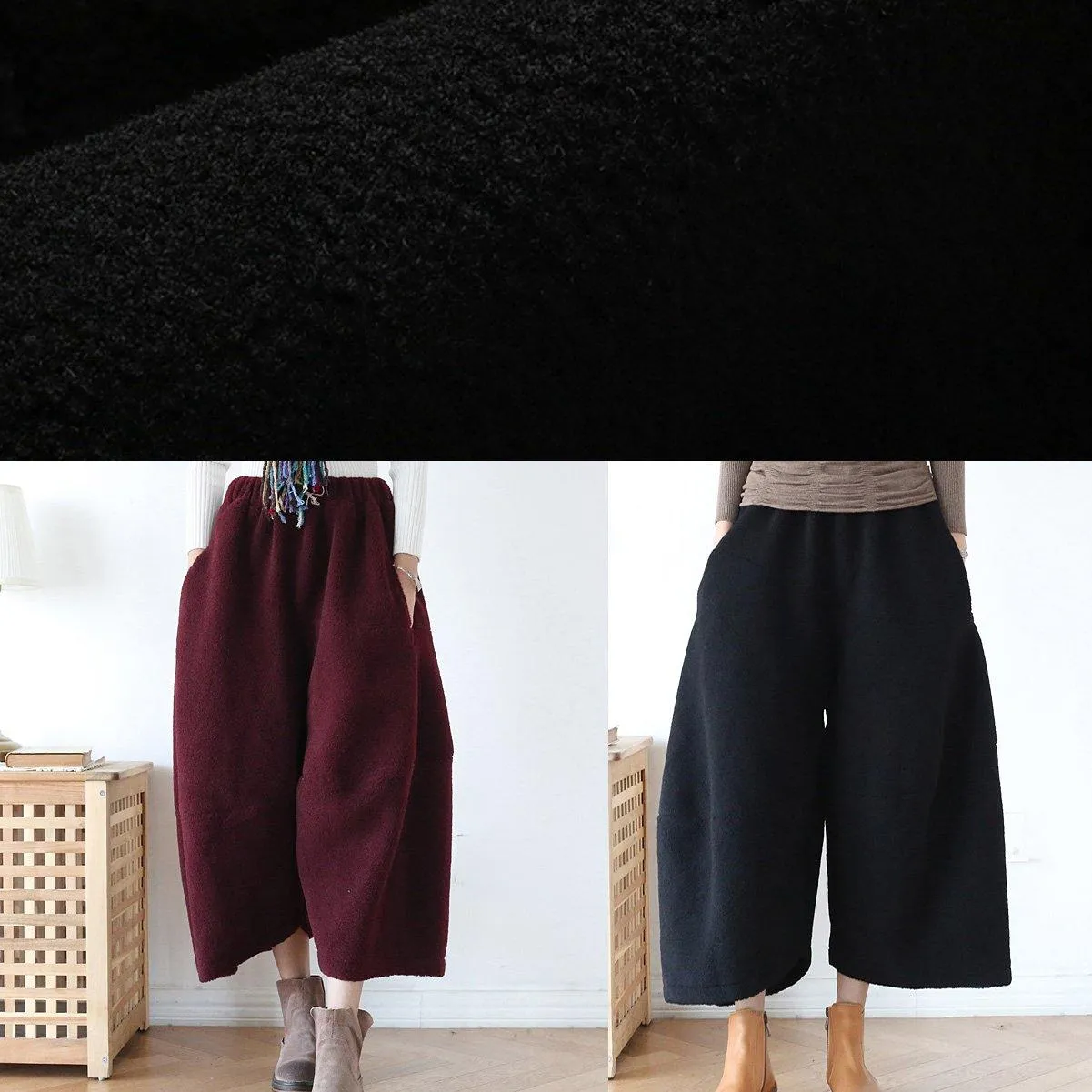 100% wide leg pants stylish black elastic waist trousers