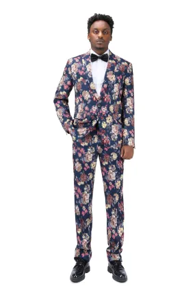 2-Piece Slim Fit Floral Print Suit Navy