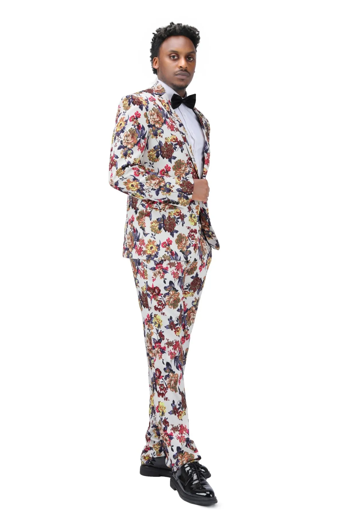 2-Piece Slim Fit Floral Print Suit White