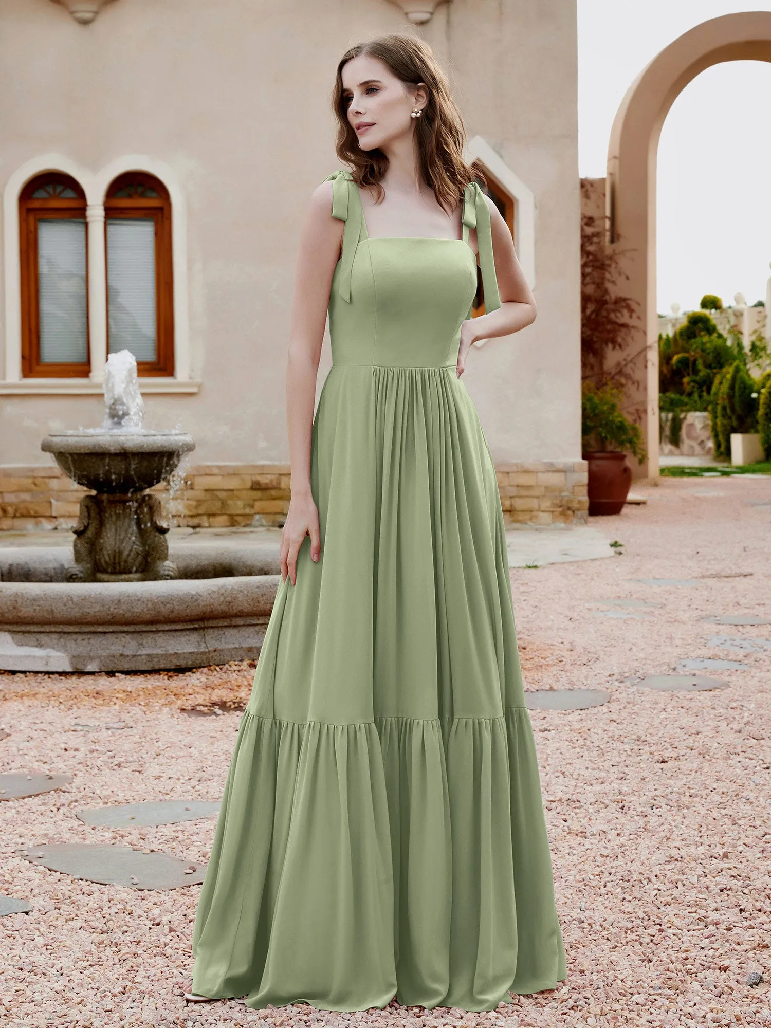 A-Line Bow Ruffle Sleeveless Chiffon Dress Dusty Sage Plus Size