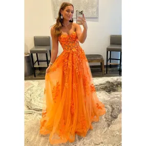 A-line Strapless Lace Appliques Senior Prom Dress