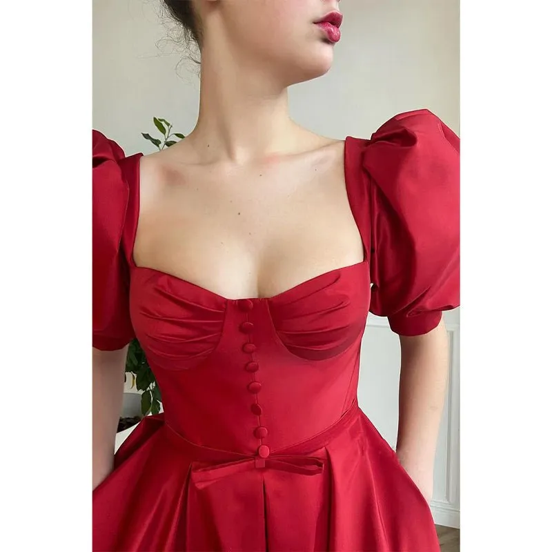 A-line Sweetheart Short Sleeves Red Vintage Prom Dress with Pockets