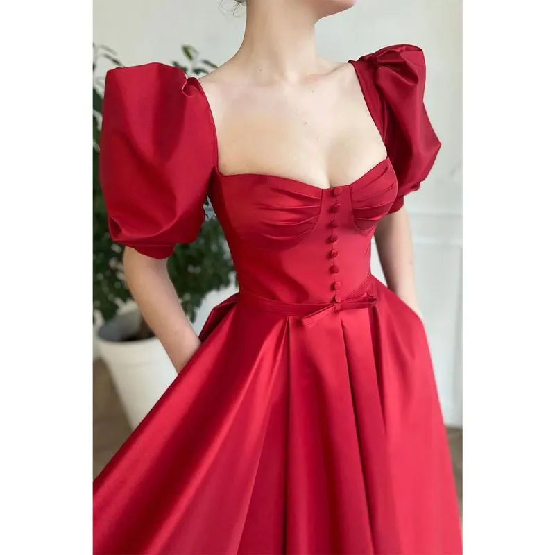 A-line Sweetheart Short Sleeves Red Vintage Prom Dress with Pockets