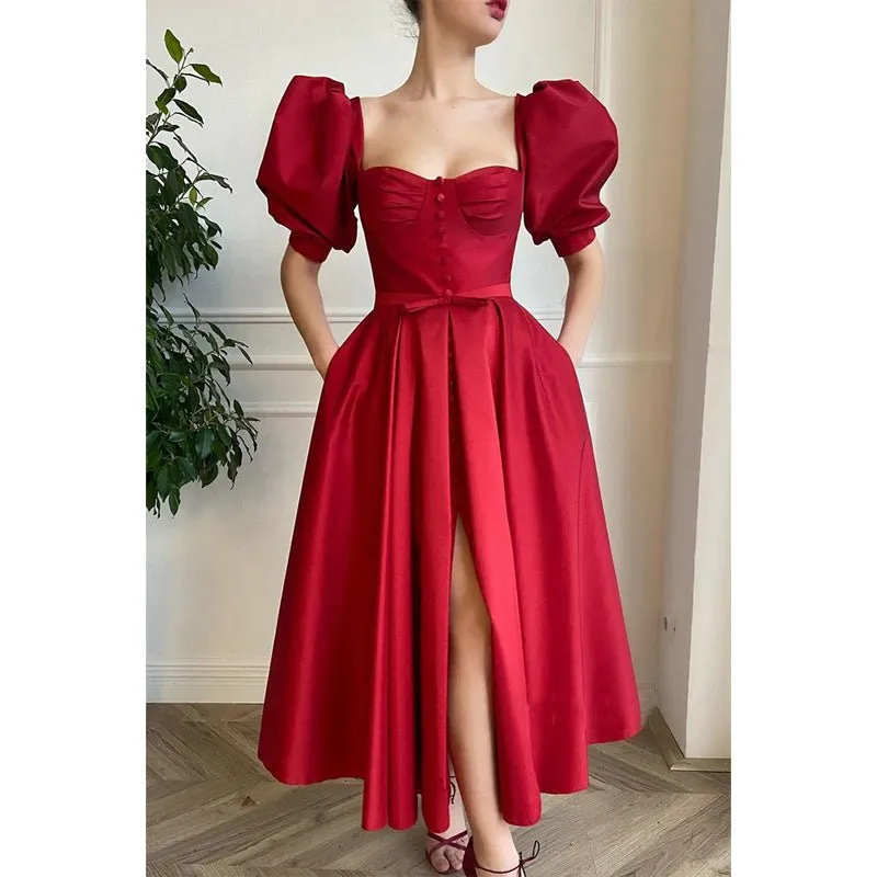 A-line Sweetheart Short Sleeves Red Vintage Prom Dress with Pockets