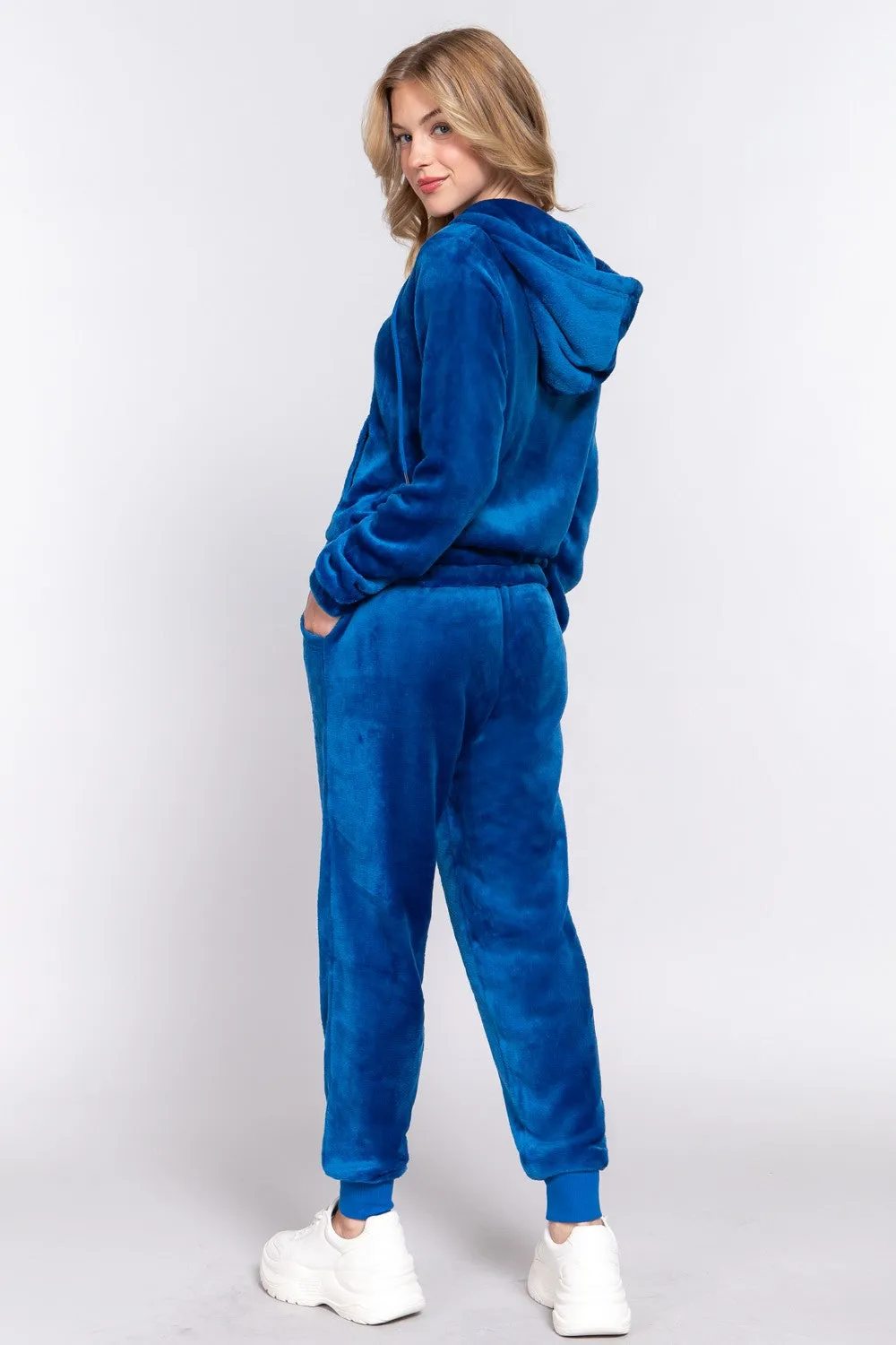 Active Basic Faux Fur Zip Up Hoodie & Joggers Set Deep Blue