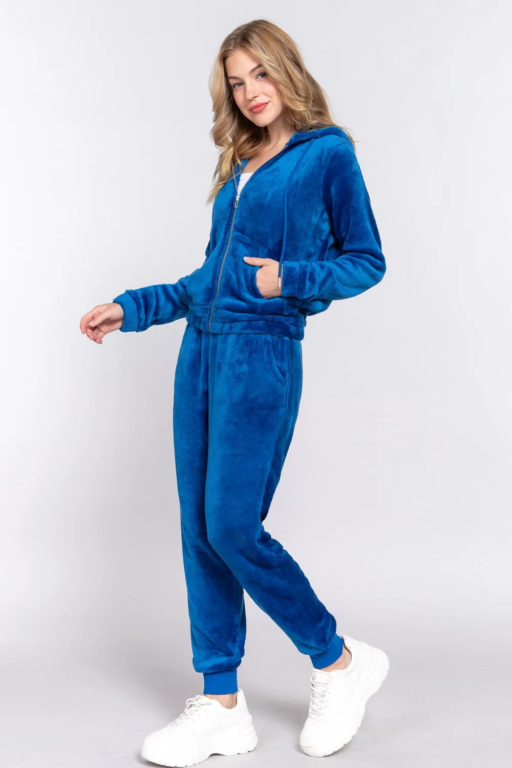 Active Basic Faux Fur Zip Up Hoodie & Joggers Set Deep Blue