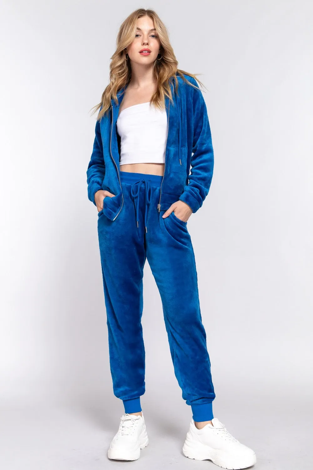 Active Basic Faux Fur Zip Up Hoodie & Joggers Set Deep Blue