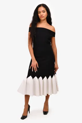 Alexander McQueen Black/White Trim Off The Shoulder Ruffle Detail Midi Dress Size L