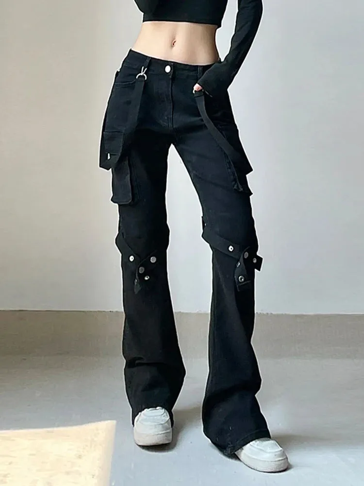 AltGoth Harajuku Streetwear Emo Pants - Women Y2K E-girl Dark Academia Gothic Metal Buckle Leg Ring Trousers