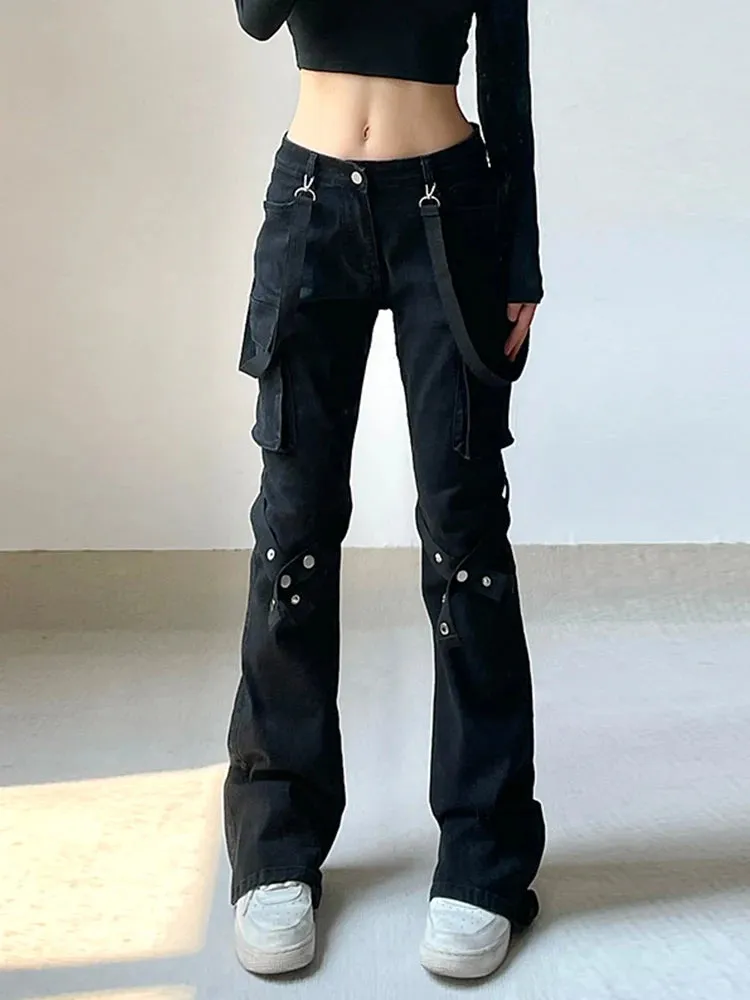 AltGoth Harajuku Streetwear Emo Pants - Women Y2K E-girl Dark Academia Gothic Metal Buckle Leg Ring Trousers