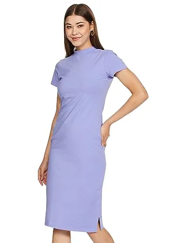 Amazon Brand - Symbol Women's Cotton Blend Bodycon Midi Casual Dress (SYM-AW22WDR-702_Violet