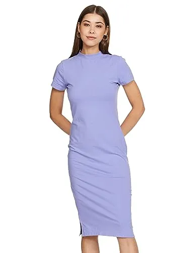 Amazon Brand - Symbol Women's Cotton Blend Bodycon Midi Casual Dress (SYM-AW22WDR-702_Violet