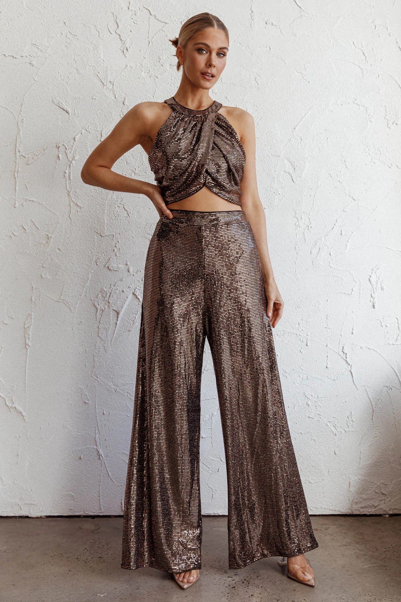 Anything Goes Wide Leg Metallic Pants Gold