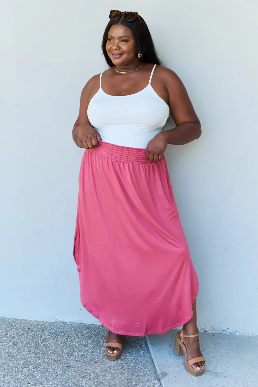 *APP EXCLUSIVE* Smocked Waist Scoop Hem Maxi Skirt in Hot Pink