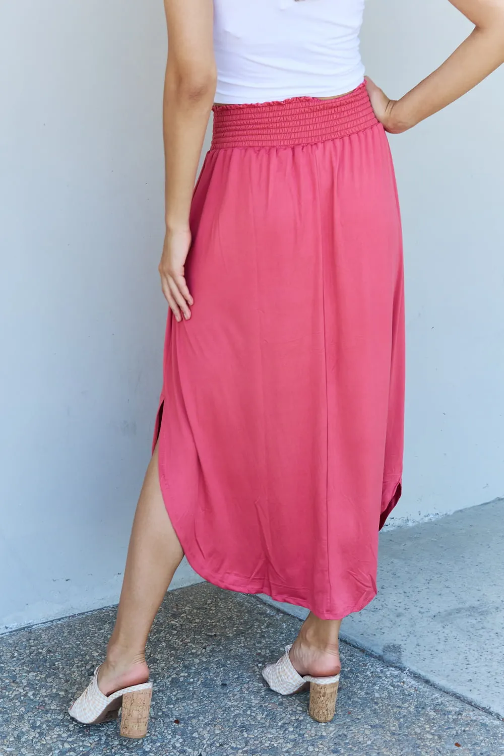 *APP EXCLUSIVE* Smocked Waist Scoop Hem Maxi Skirt in Hot Pink