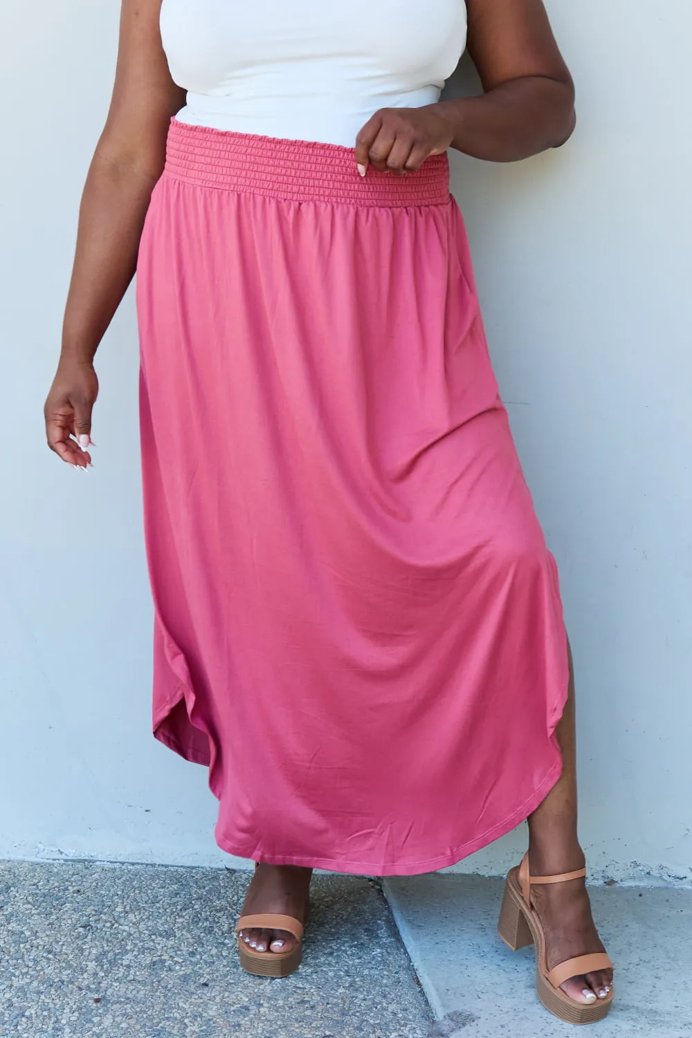 *APP EXCLUSIVE* Smocked Waist Scoop Hem Maxi Skirt in Hot Pink