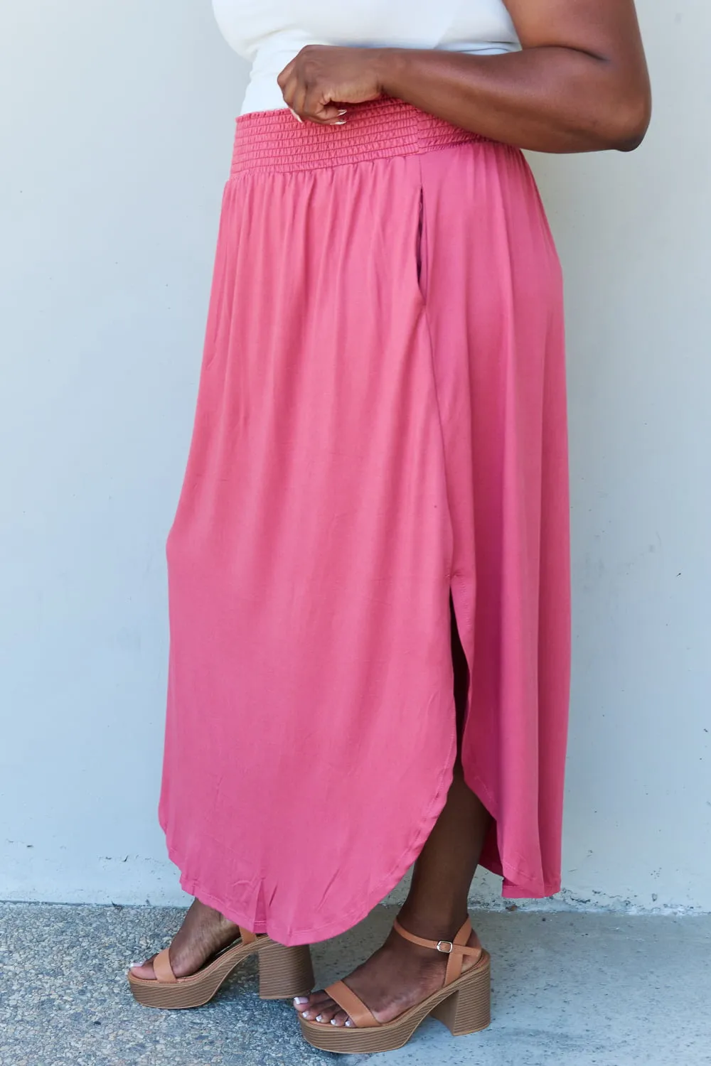 *APP EXCLUSIVE* Smocked Waist Scoop Hem Maxi Skirt in Hot Pink