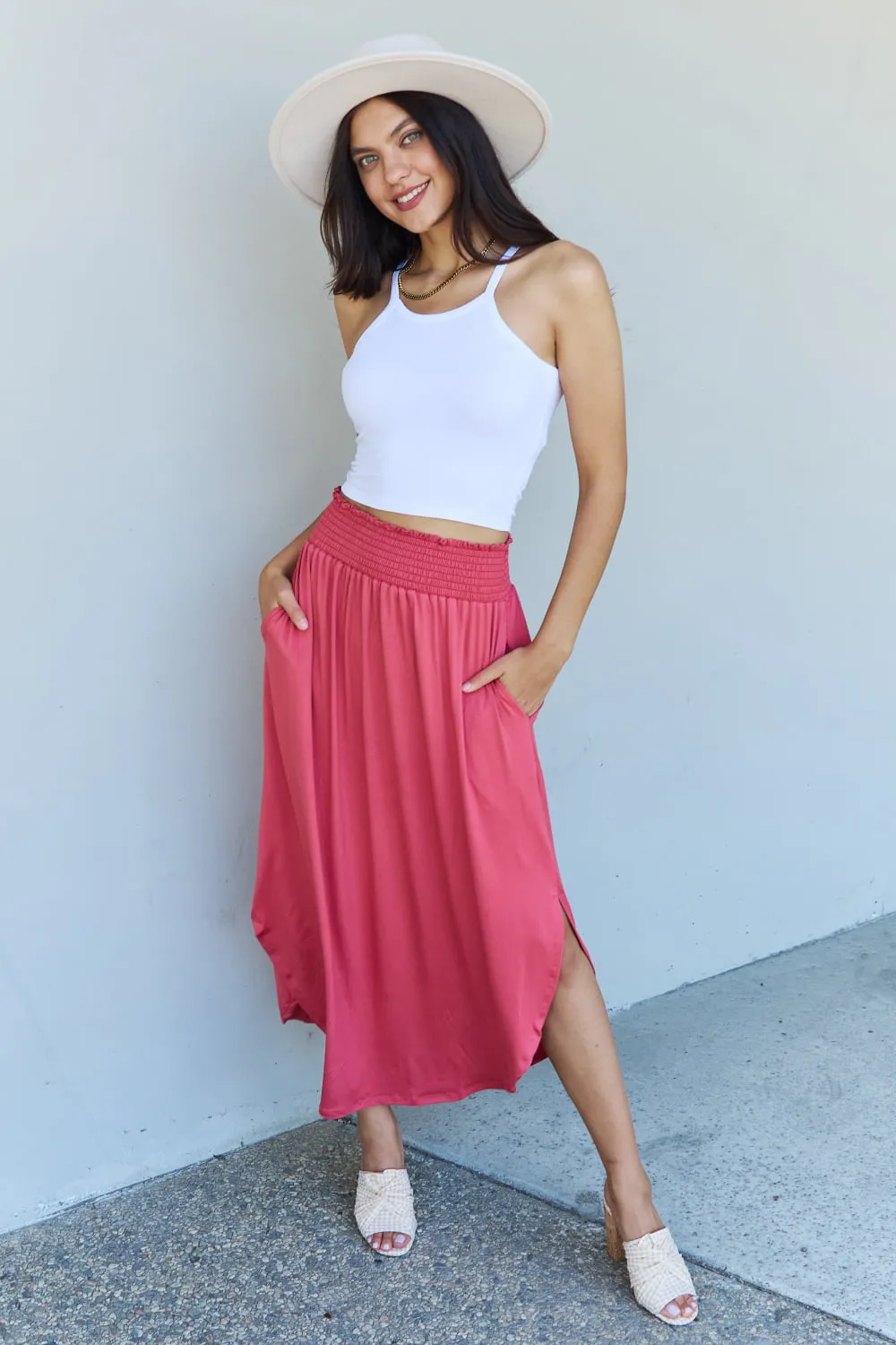 *APP EXCLUSIVE* Smocked Waist Scoop Hem Maxi Skirt in Hot Pink