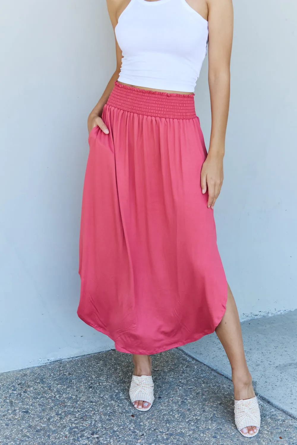 *APP EXCLUSIVE* Smocked Waist Scoop Hem Maxi Skirt in Hot Pink