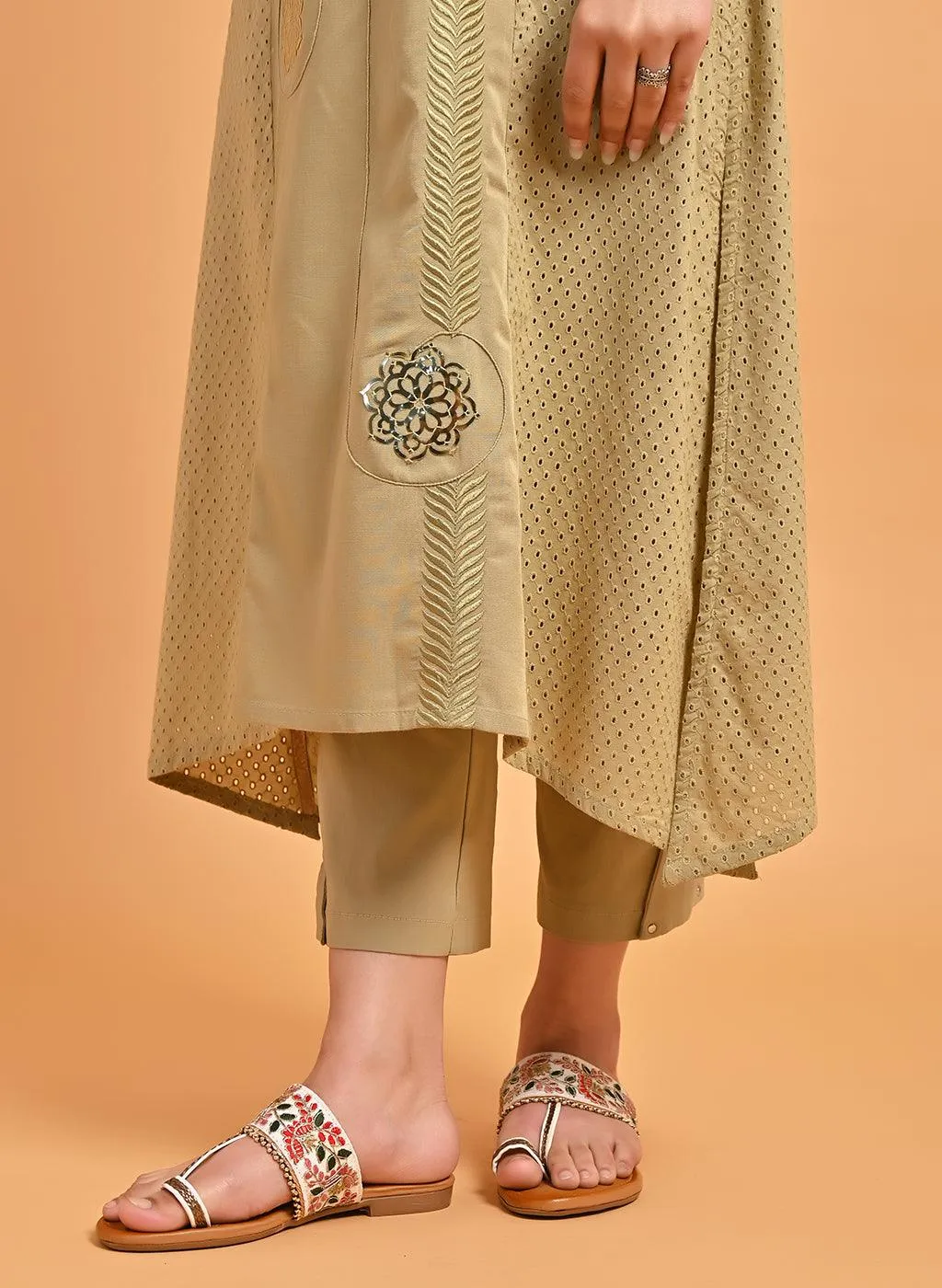 Apple Green Embroidered Cotton Kurta with 3/4th Sleeves and Asymmetrical Hem