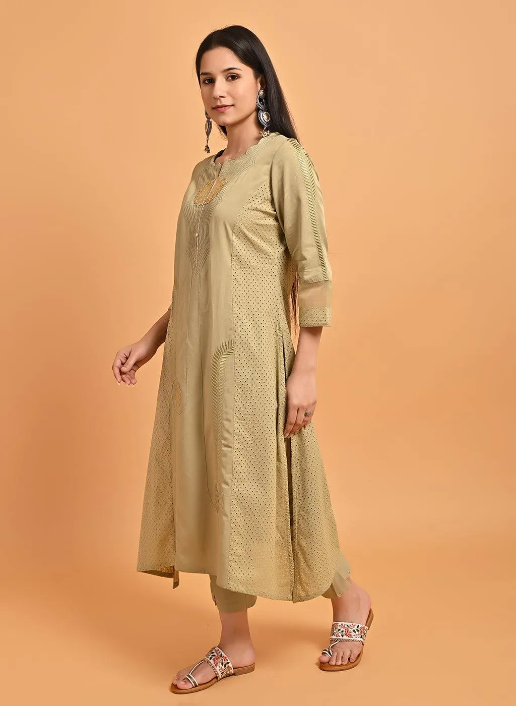 Apple Green Embroidered Cotton Kurta with 3/4th Sleeves and Asymmetrical Hem