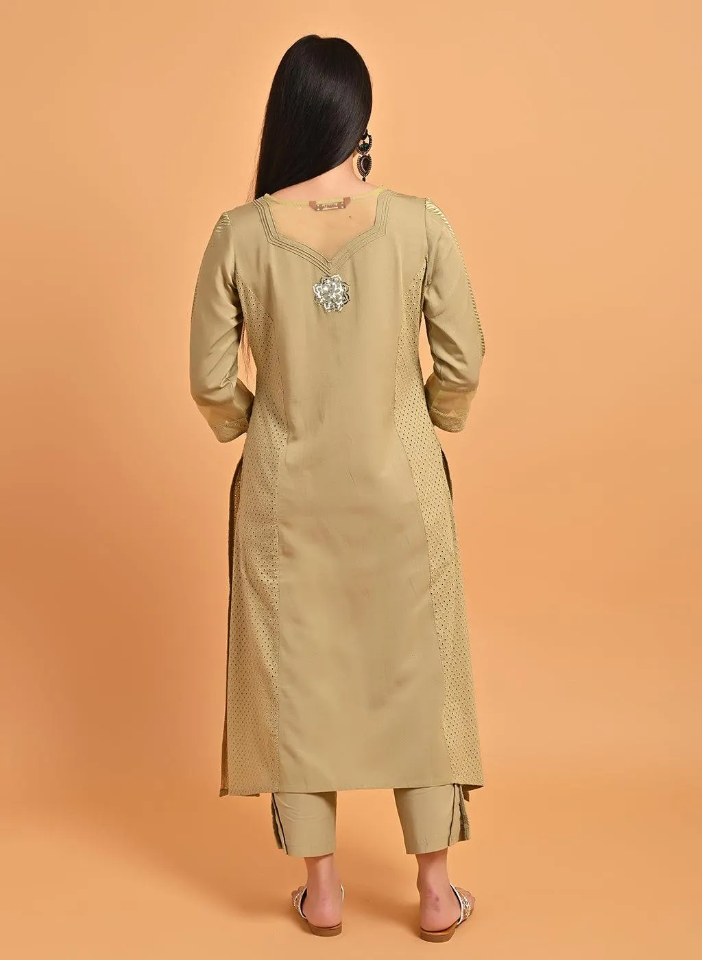 Apple Green Embroidered Cotton Kurta with 3/4th Sleeves and Asymmetrical Hem