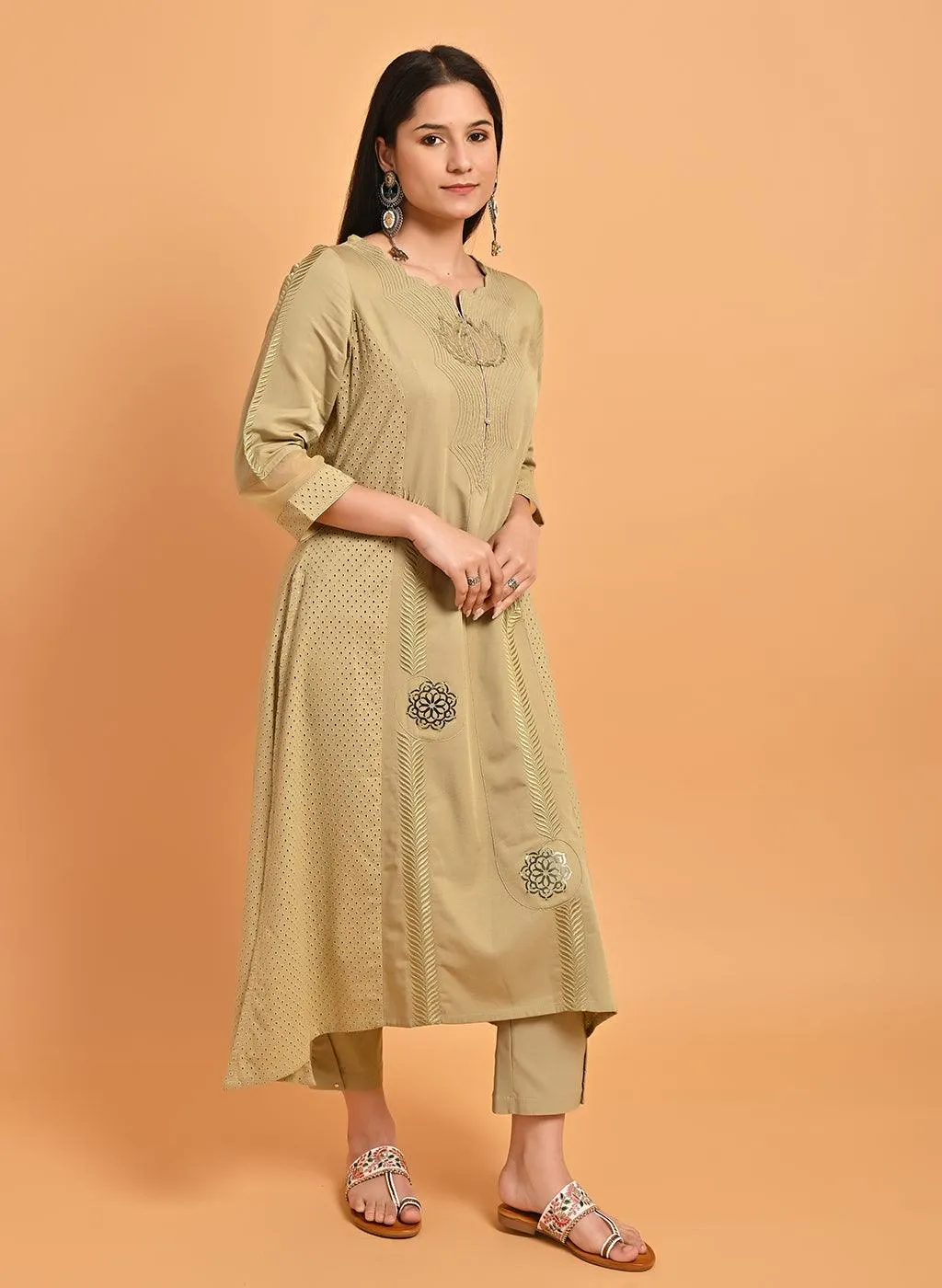 Apple Green Embroidered Cotton Kurta with 3/4th Sleeves and Asymmetrical Hem