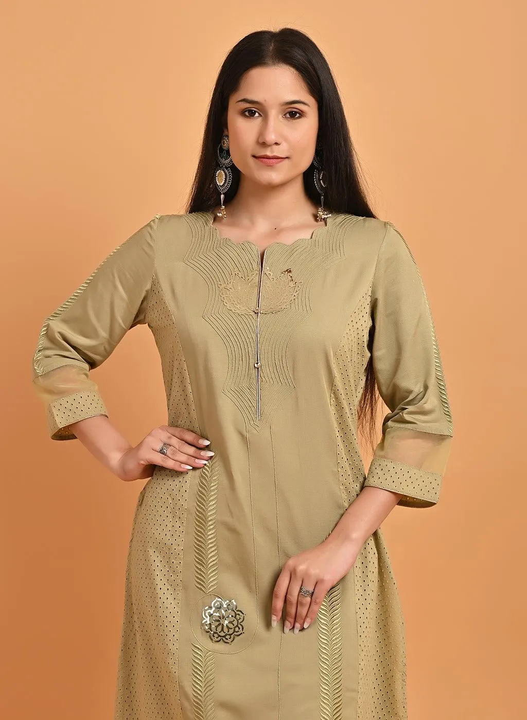 Apple Green Embroidered Cotton Kurta with 3/4th Sleeves and Asymmetrical Hem