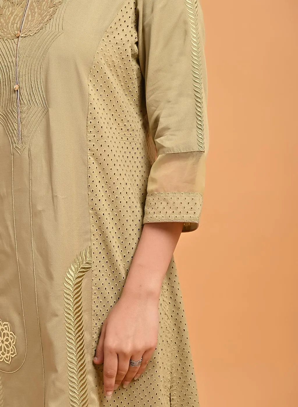 Apple Green Embroidered Cotton Kurta with 3/4th Sleeves and Asymmetrical Hem