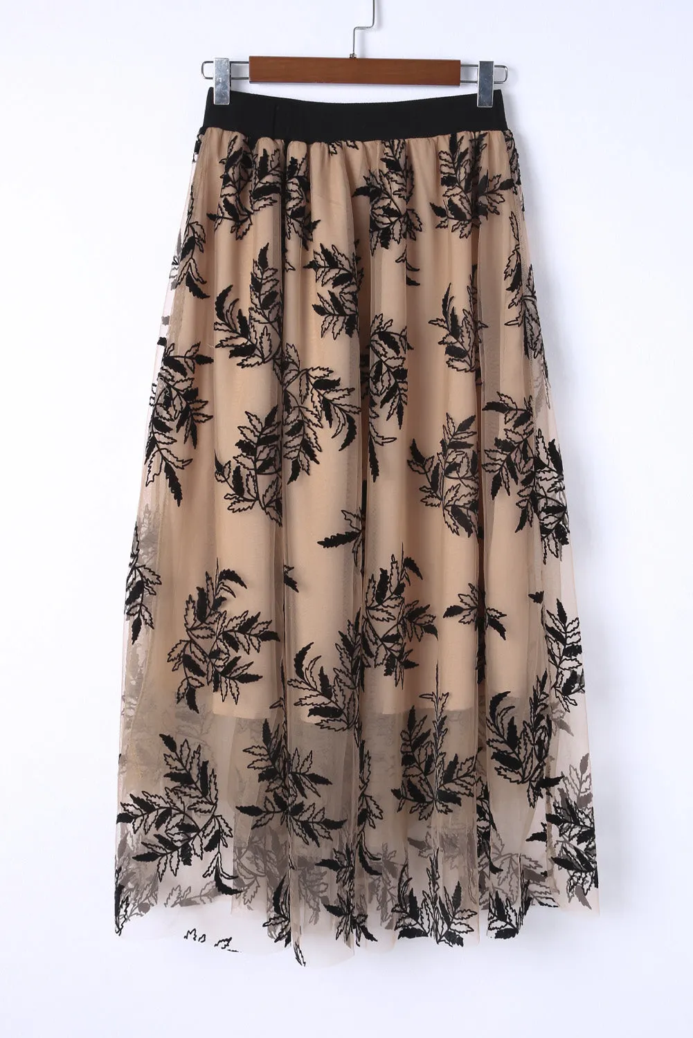 Apricot Floral Leaves Embroidered High Waist Maxi Skirt