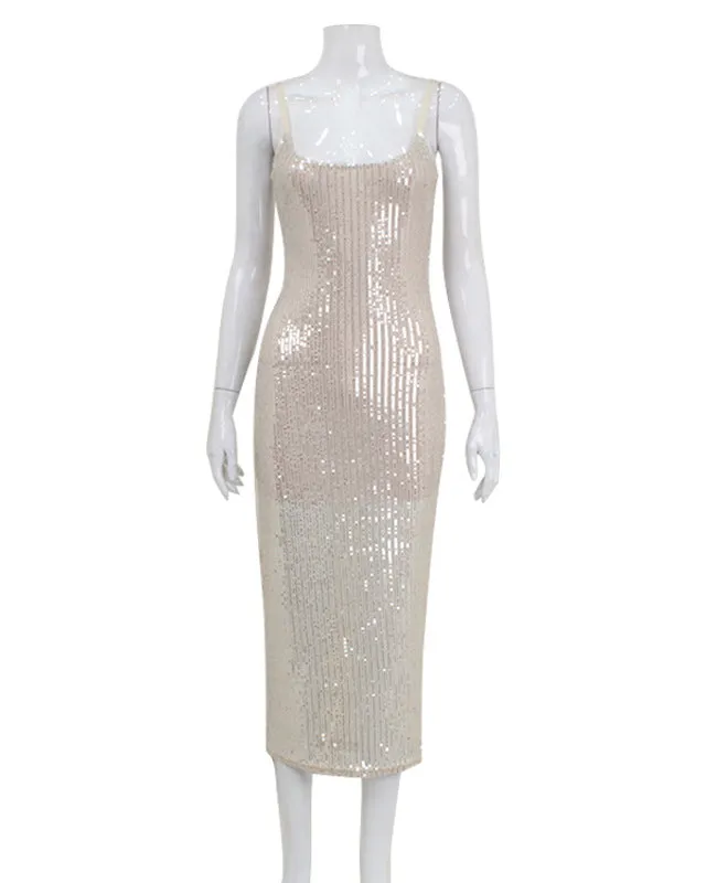 Beaded Sequin Slim Fit Strap Bodycon Long Dress