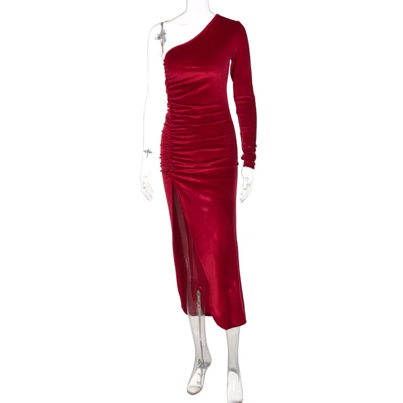 BerriesJam - Long Sleeve Party Velvet Bodycon Split Pencil Midi Dress