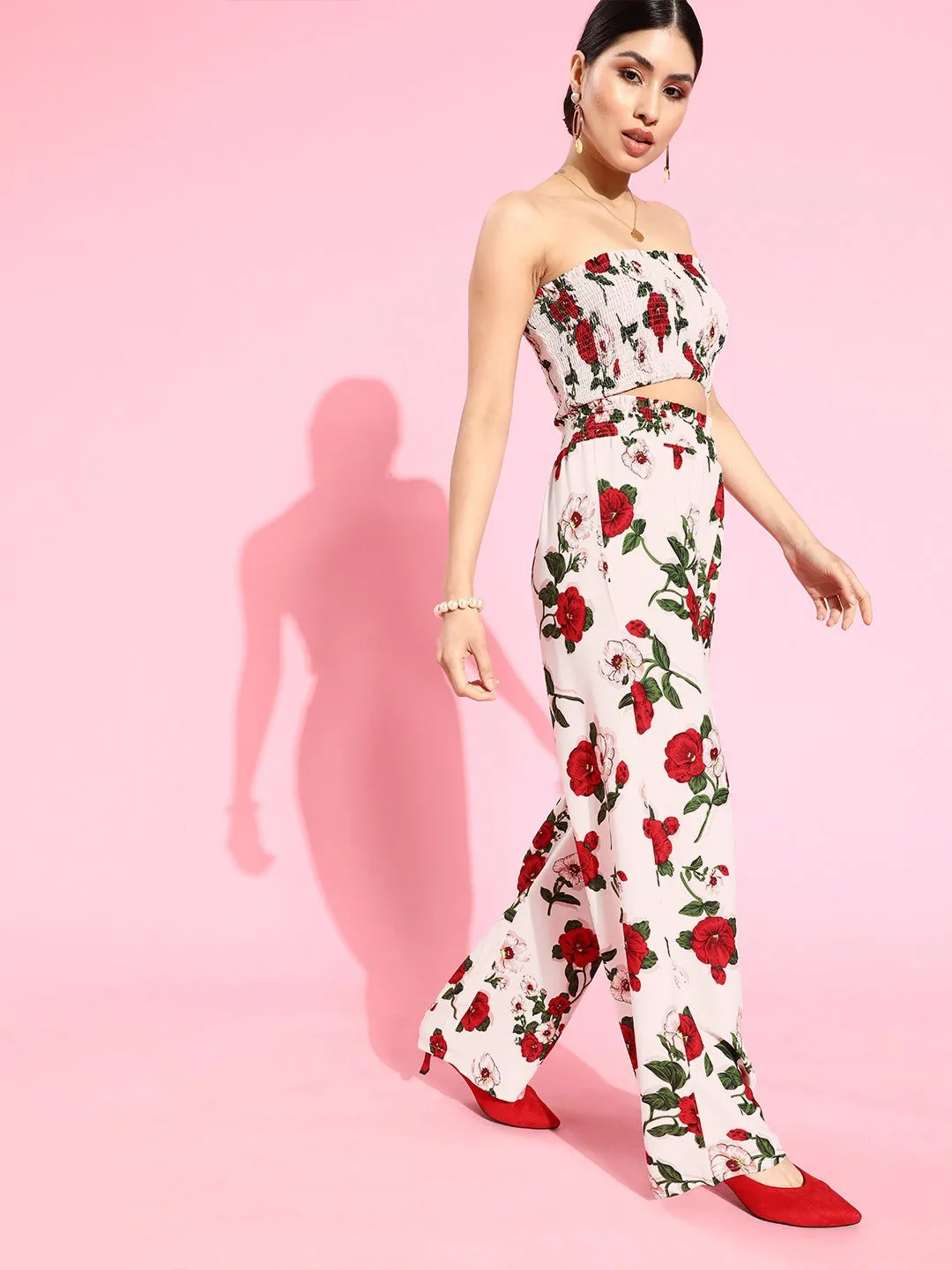 Berrylush Women White & Red Floral Shirred Crop Top & Crinkle Pants Dress Set