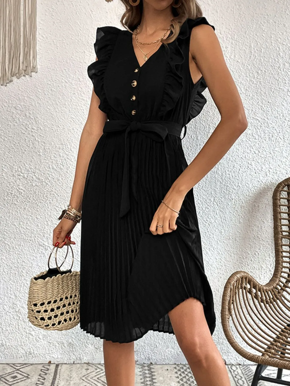 Black Buttoned Ruffle Trim Belted Pleated Dress