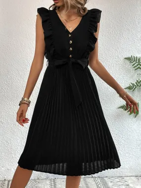 Black Buttoned Ruffle Trim Belted Pleated Dress