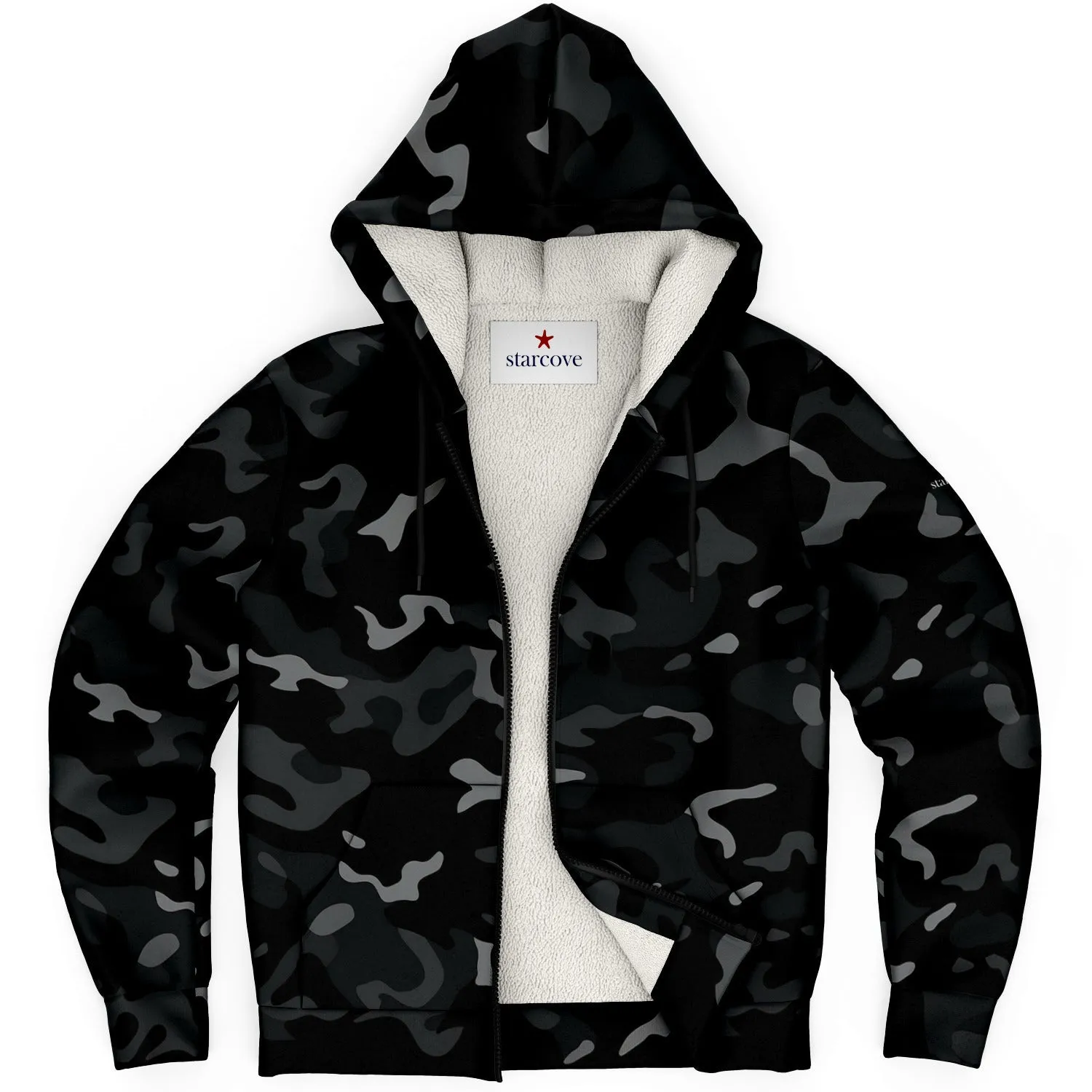 Black Camo Zip Up Fleece Lined Hoodie, Grey Camouflage Heavyweight Sherpa Full Zipper Pocket Men Women Unisex Ladies Hooded Sweatshirt