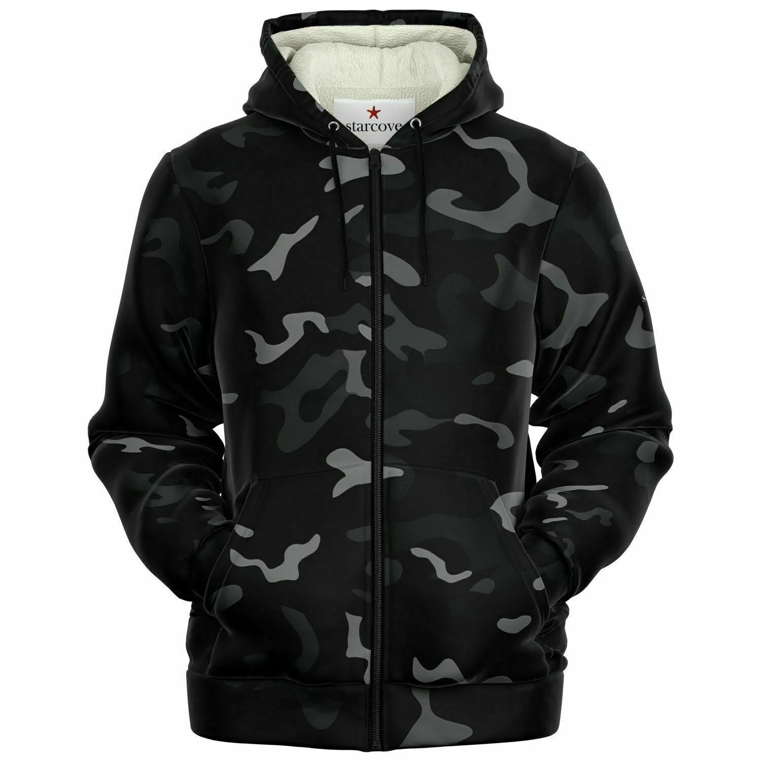 Black Camo Zip Up Fleece Lined Hoodie, Grey Camouflage Heavyweight Sherpa Full Zipper Pocket Men Women Unisex Ladies Hooded Sweatshirt