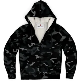 Black Camo Zip Up Fleece Lined Hoodie, Grey Camouflage Heavyweight Sherpa Full Zipper Pocket Men Women Unisex Ladies Hooded Sweatshirt