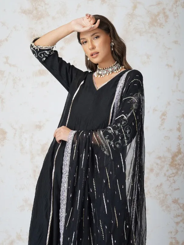 Black Chanderi A-Line Sequined Kurta Set (Set of 4)