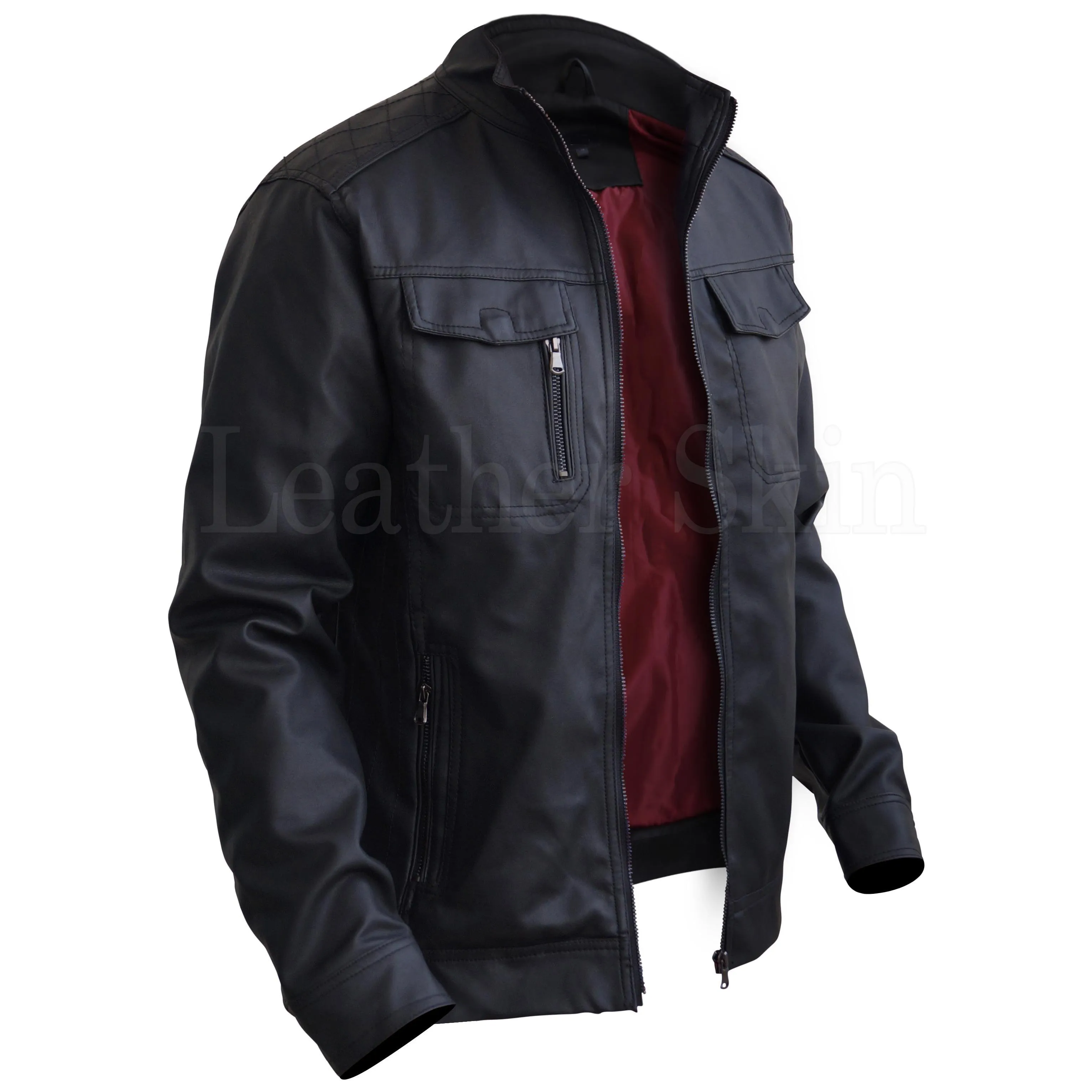 Black Crossed Shoulder Premium Genuine Pure Real Leather Jacket w/ Red Lining