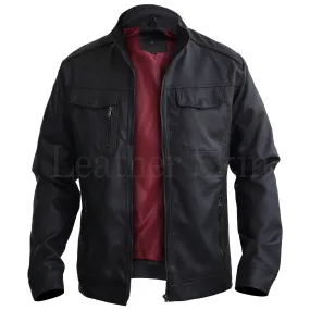 Black Crossed Shoulder Premium Genuine Pure Real Leather Jacket w/ Red Lining