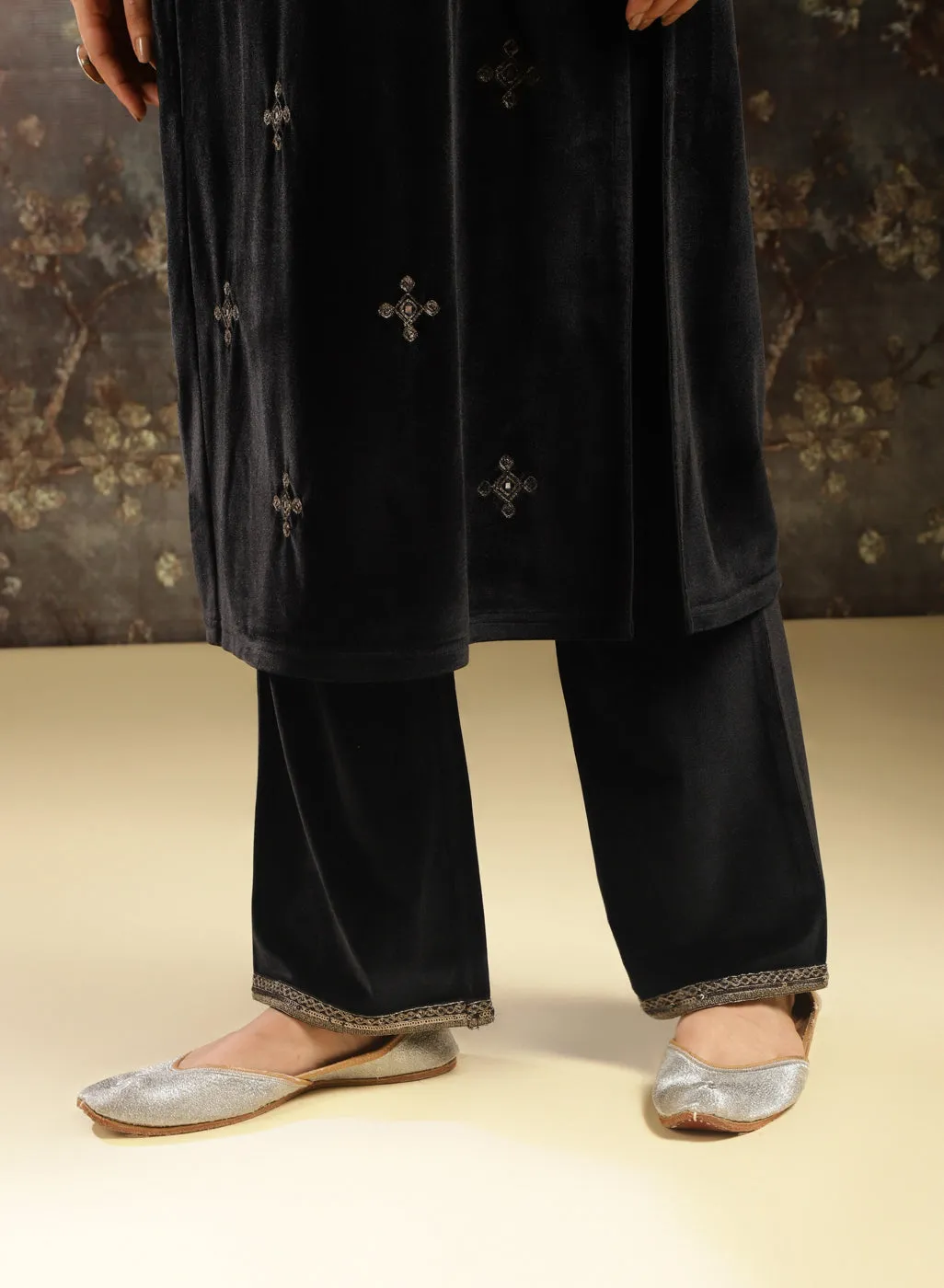 Black Embroidered Velvet Kurta Set for Women