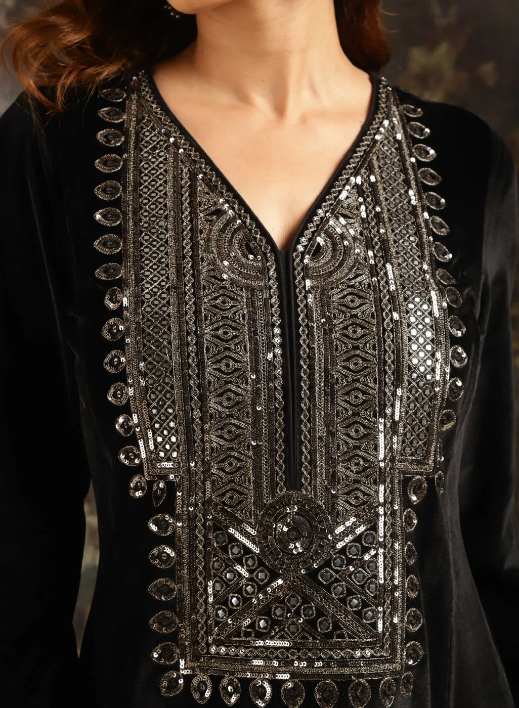 Black Embroidered Velvet Kurta Set for Women