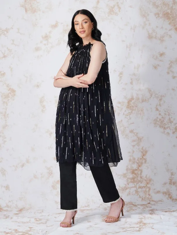 Black Georgette Sequined Halter Tunic Set (Set of 2)