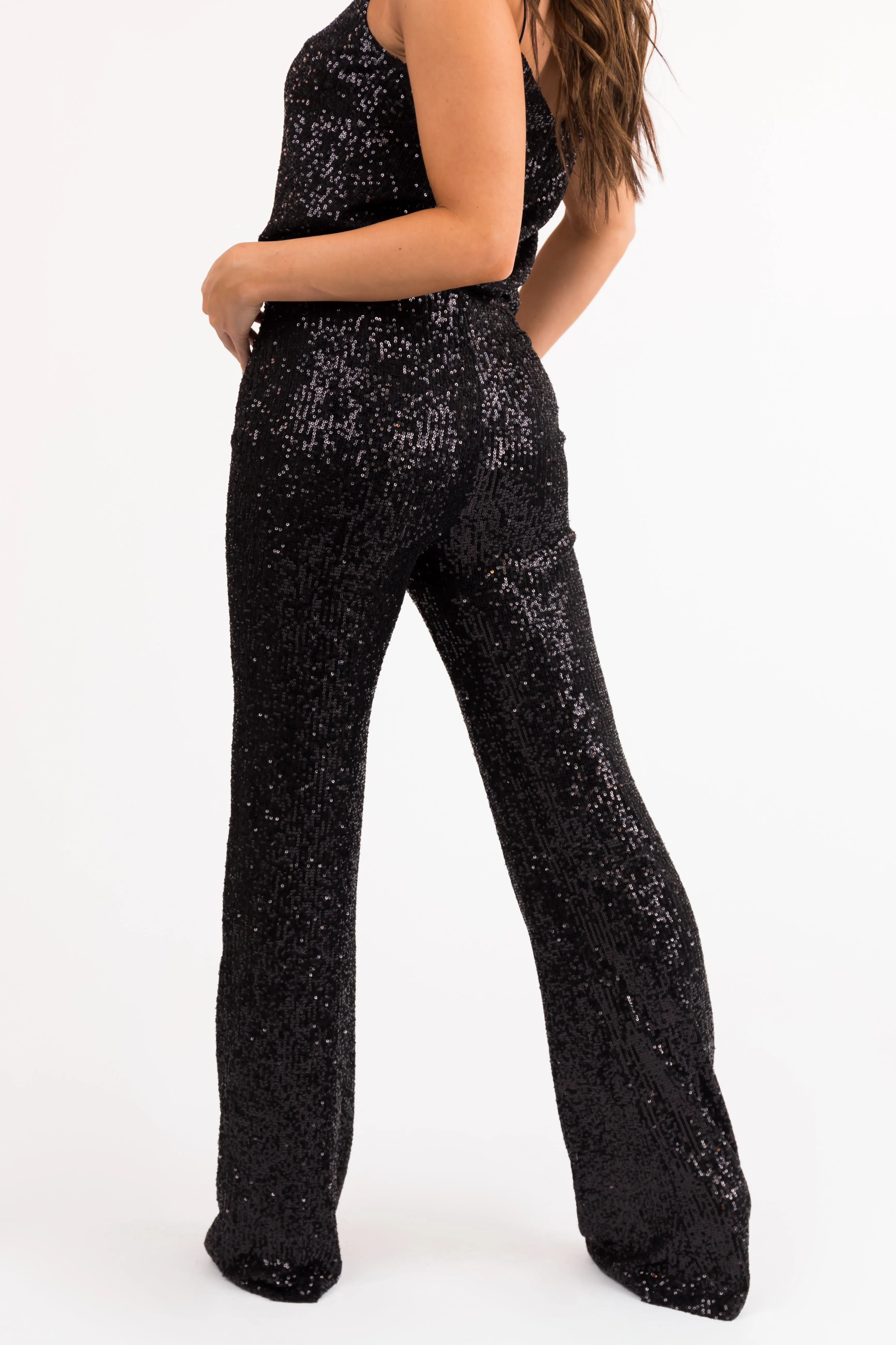 Black High Rise Sequins Straight Leg Pants