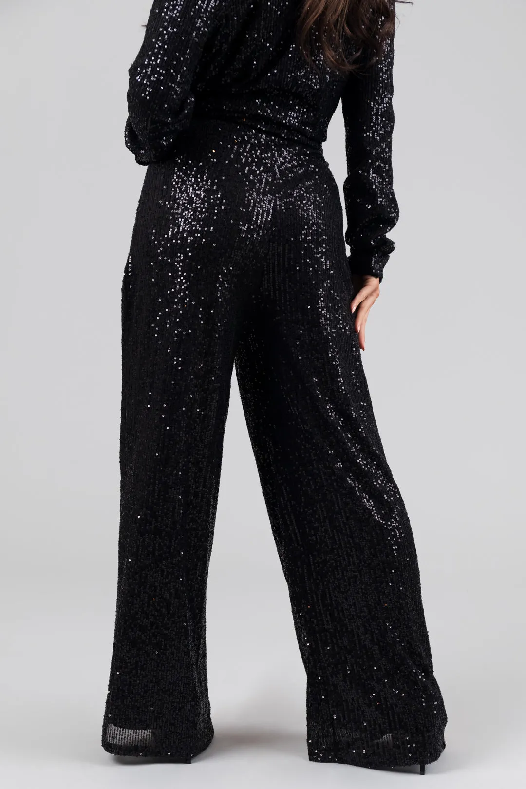 Black High Waisted Wide Leg Sequined Pants