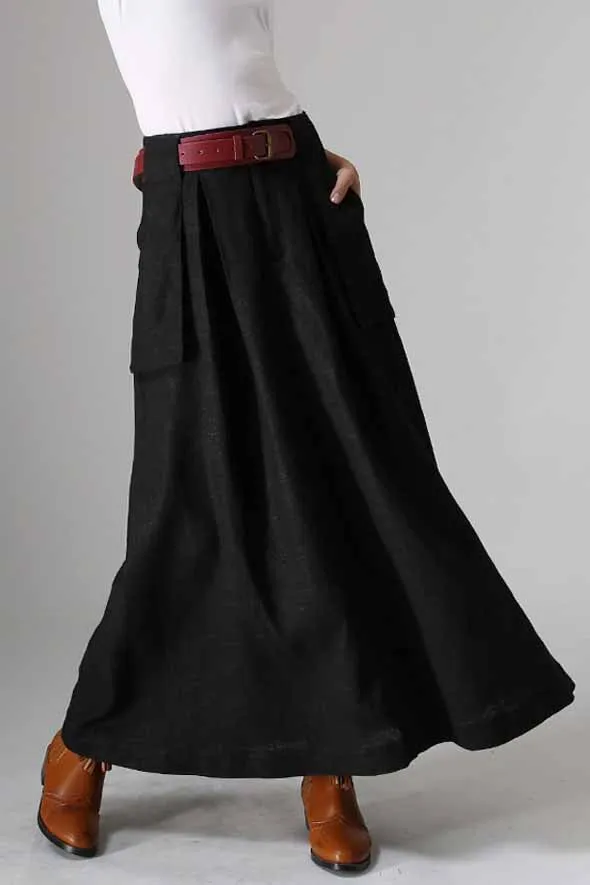 Black linen  maxi skirt with Big Pocket Detail 0979#