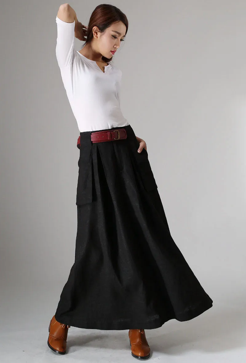 Black linen  maxi skirt with Big Pocket Detail 0979#