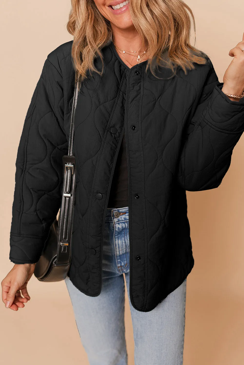 Black Snap Button Quilted Puffer Jacket