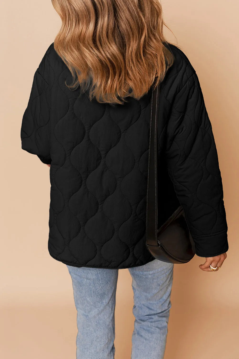 Black Snap Button Quilted Puffer Jacket